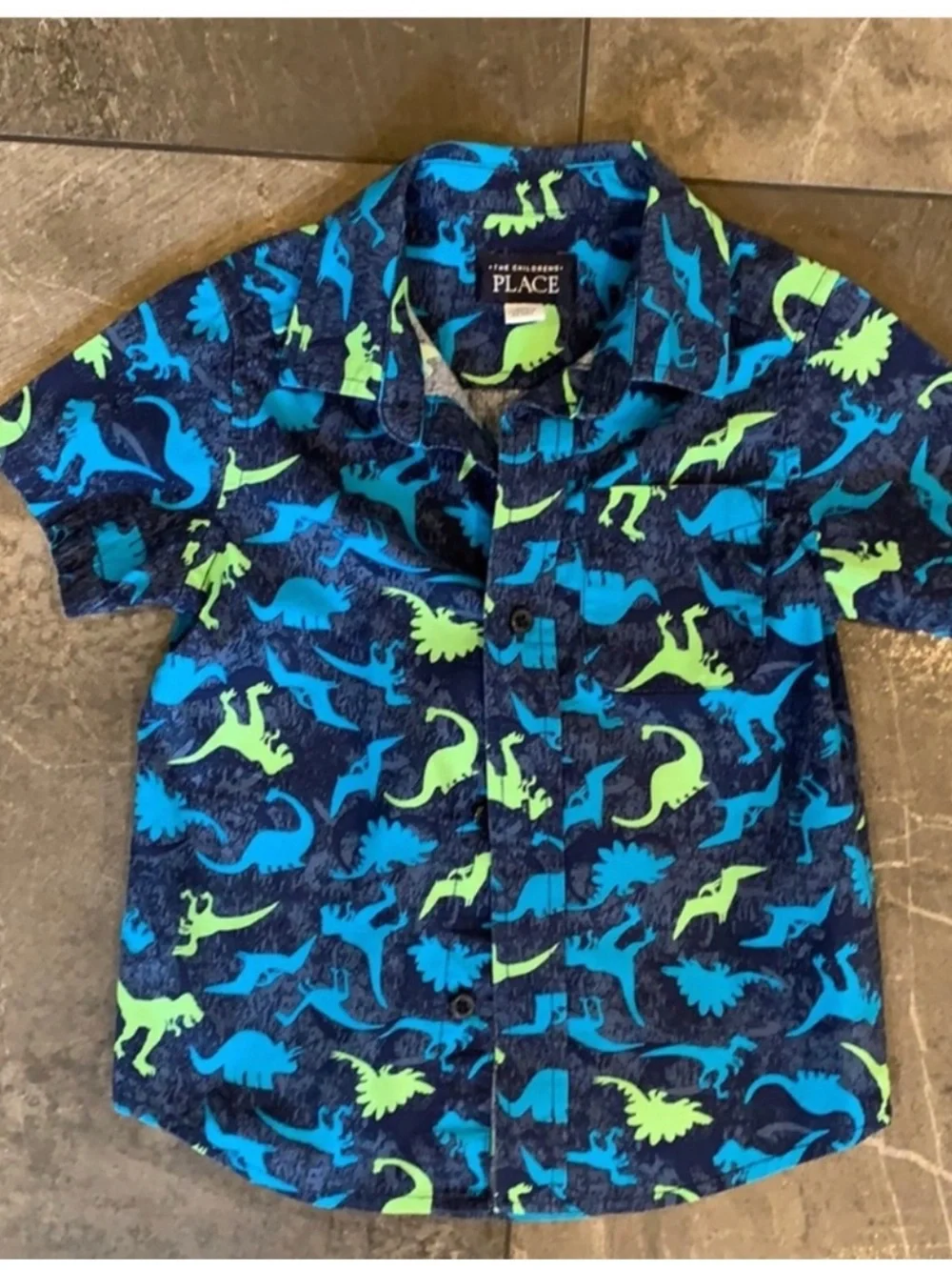 The Children's Place Navy Button-Down Shirt with Blue & Neon Green Dinosaurs 3T